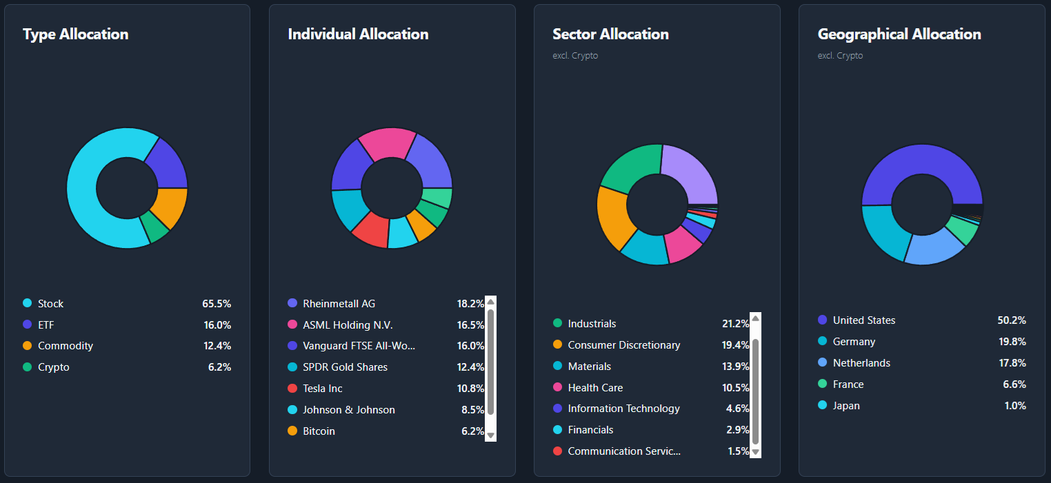 Portfolio allocation dashboard with asset allocation, sector allocation, geographic diversification, and individual asset breakdown in TrackinV